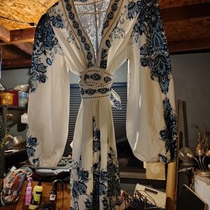 Elegant Blue and White Long Sleeve Dress